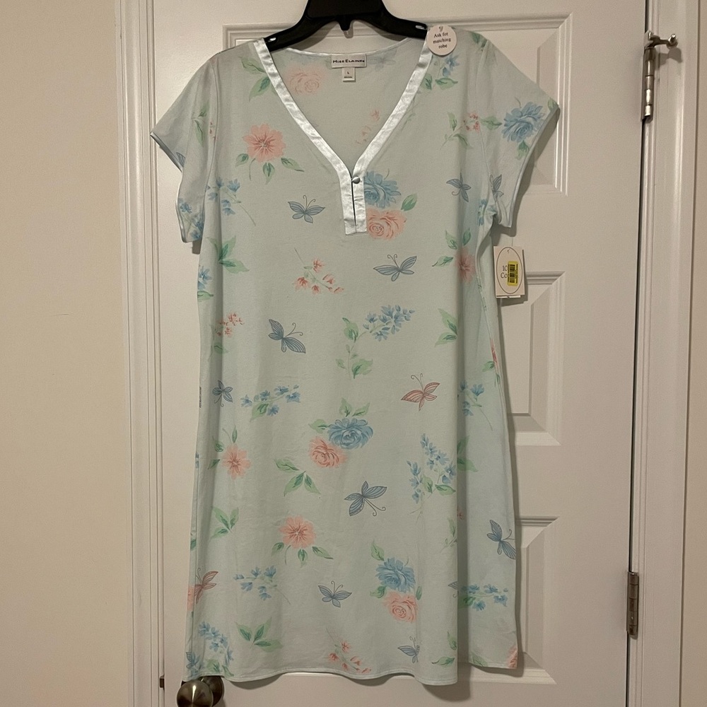 Miss Elaine Vintage NightGown 100% cotton Vneck satin trim cap sleeve ~not pjs a
